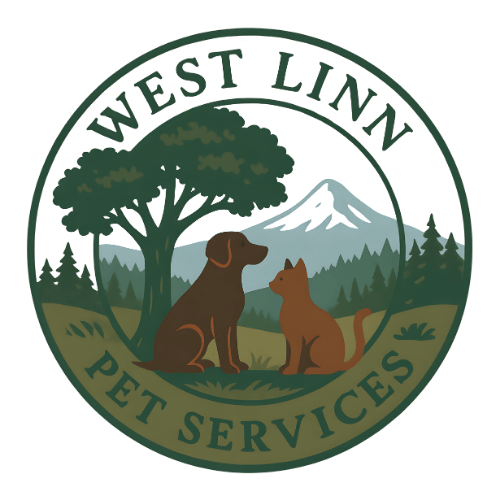 West Linn Pet Services Logo Circular logo for "West Linn Pet Services" featuring a dog and cat sitting together in a scenic outdoor setting with trees, a mountain, and a large tree in the background. The name "WEST LINN" arches across the top, and "PET SERVICES" curves along the bottom. The color scheme includes earth tones and natural greens.